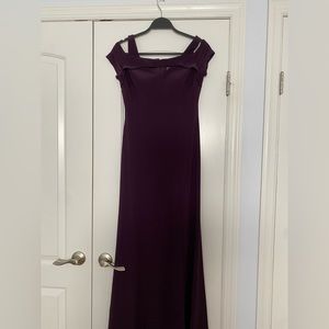 Plum floor length Nightway gown with cutout shoulder details.